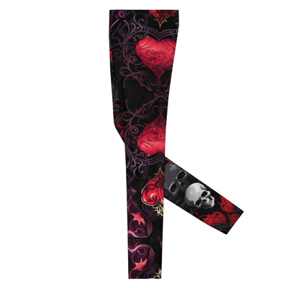 Men's all-over print leggings with white background, left-side view alternate angle.