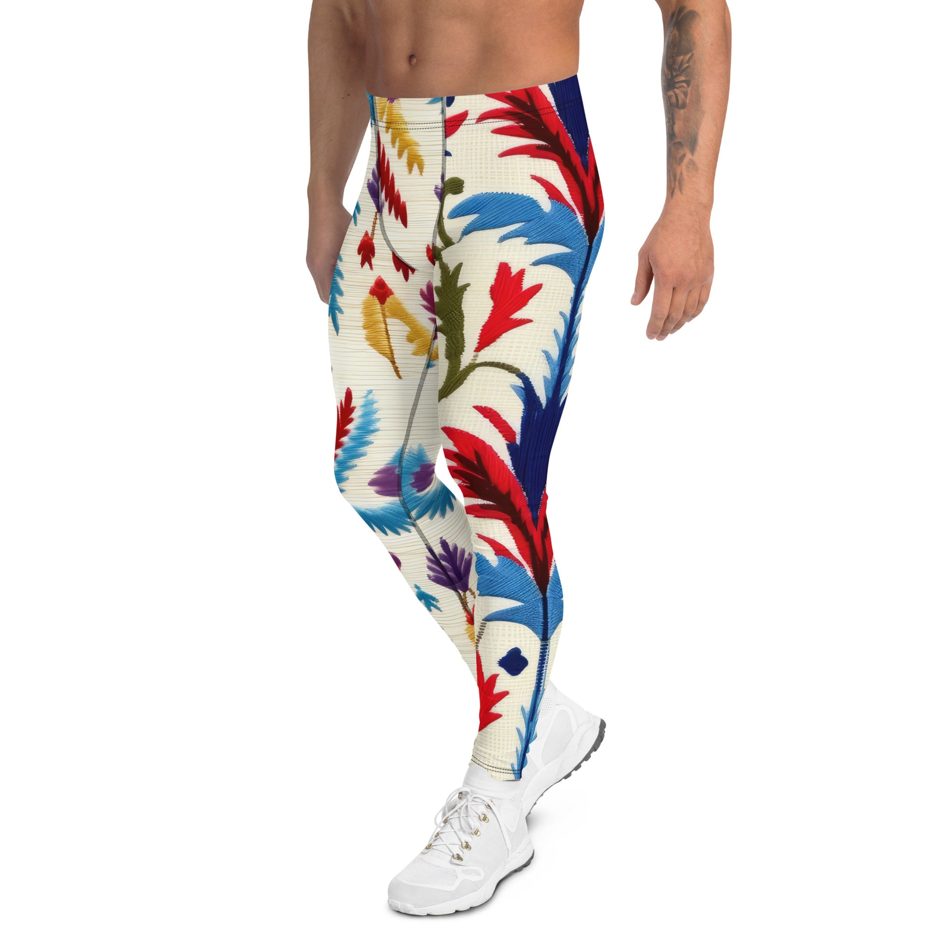 Men's all-over print leggings with white background, left-side view.