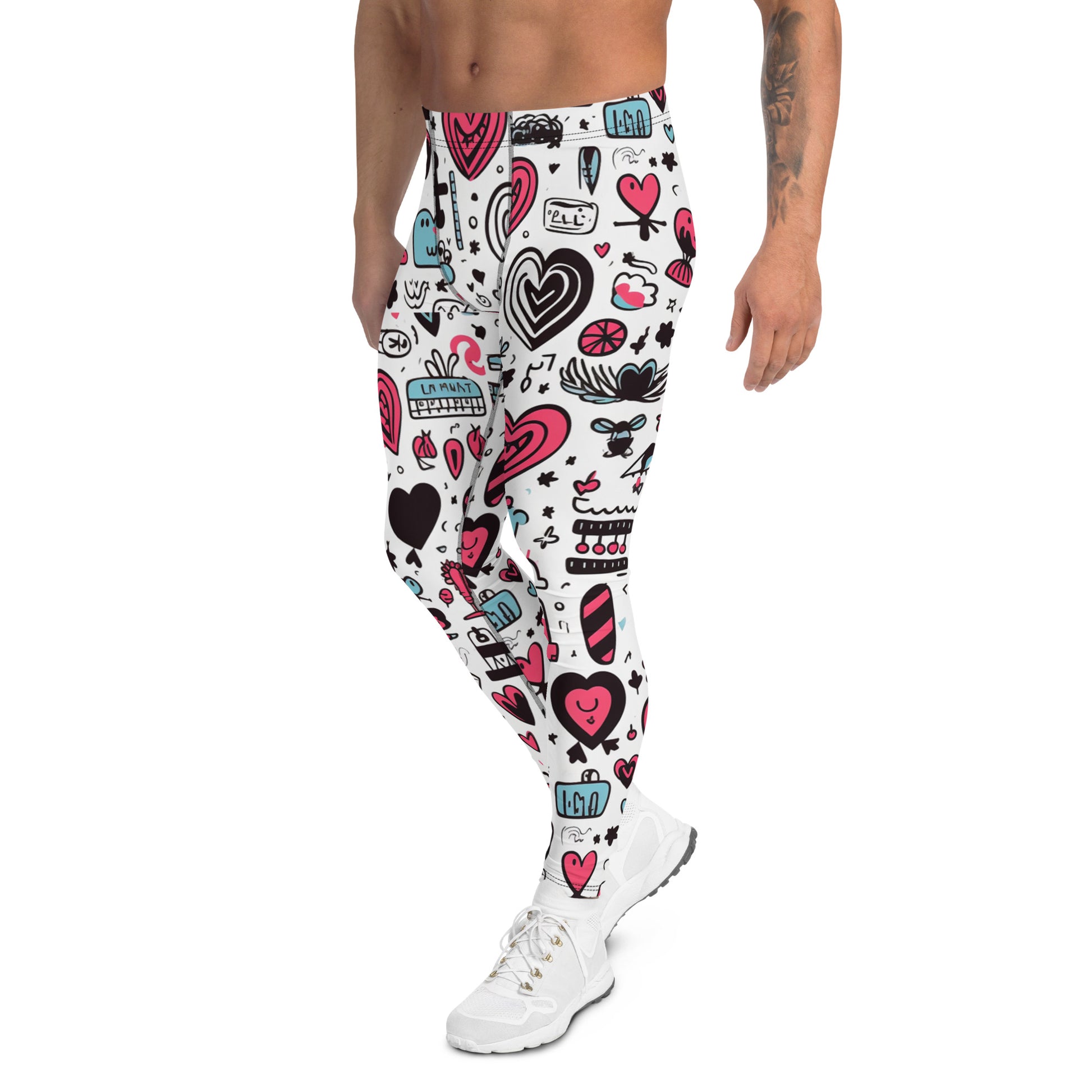 Men's all-over print leggings with white background, left-side view.