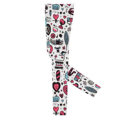 Men's all-over print leggings with white background, left-side view alternate angle.