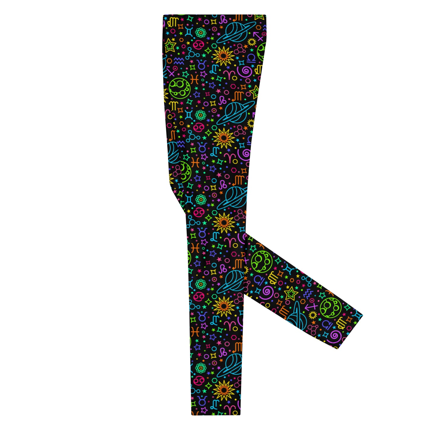 Men's all-over print leggings with white background, left-side view alternate angle.