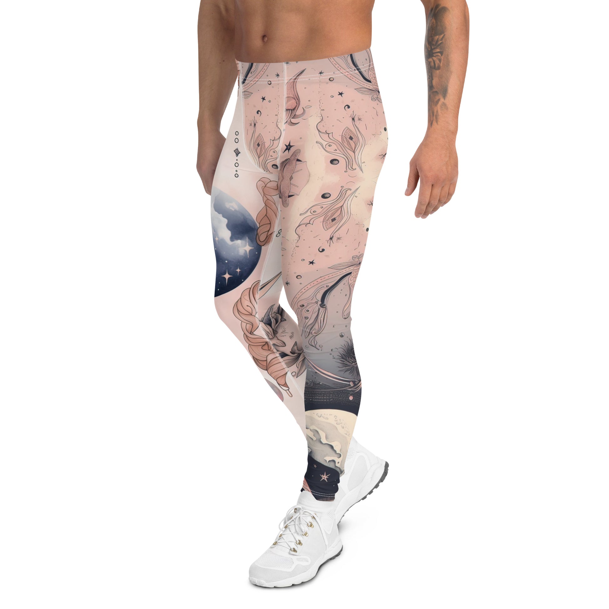 Men's all-over print leggings with white background, left-side view.