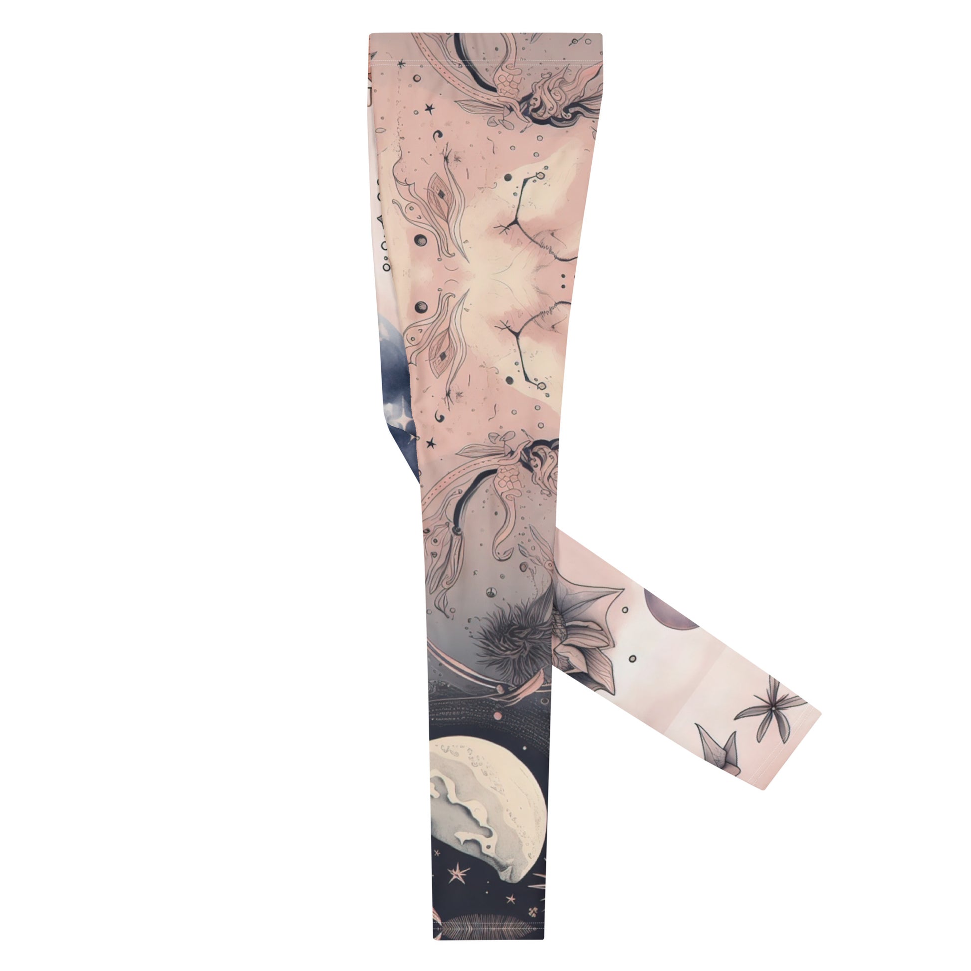 Men's all-over print leggings with white background, left-side view alternate angle.