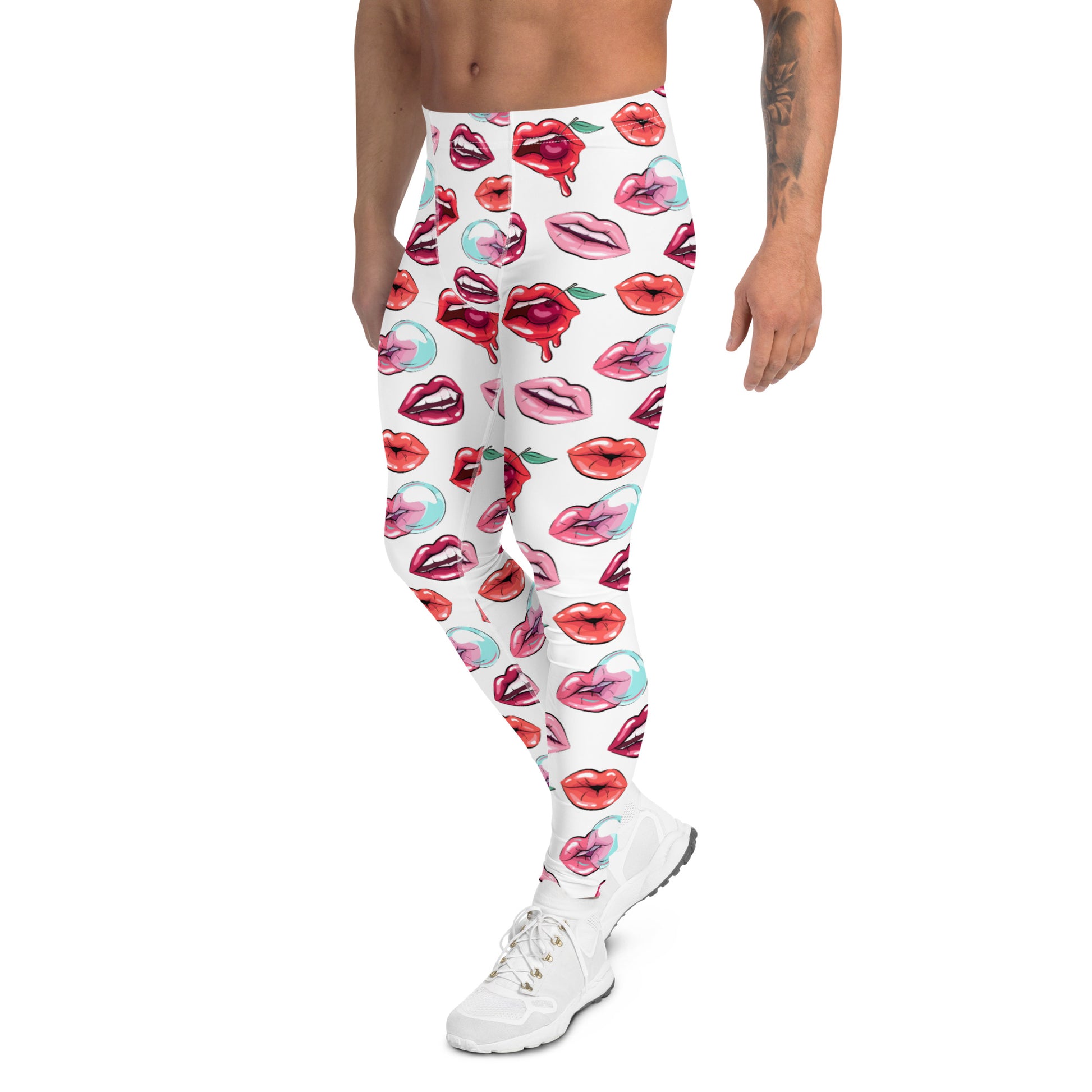 Men's all-over print leggings with white background, left-side view.