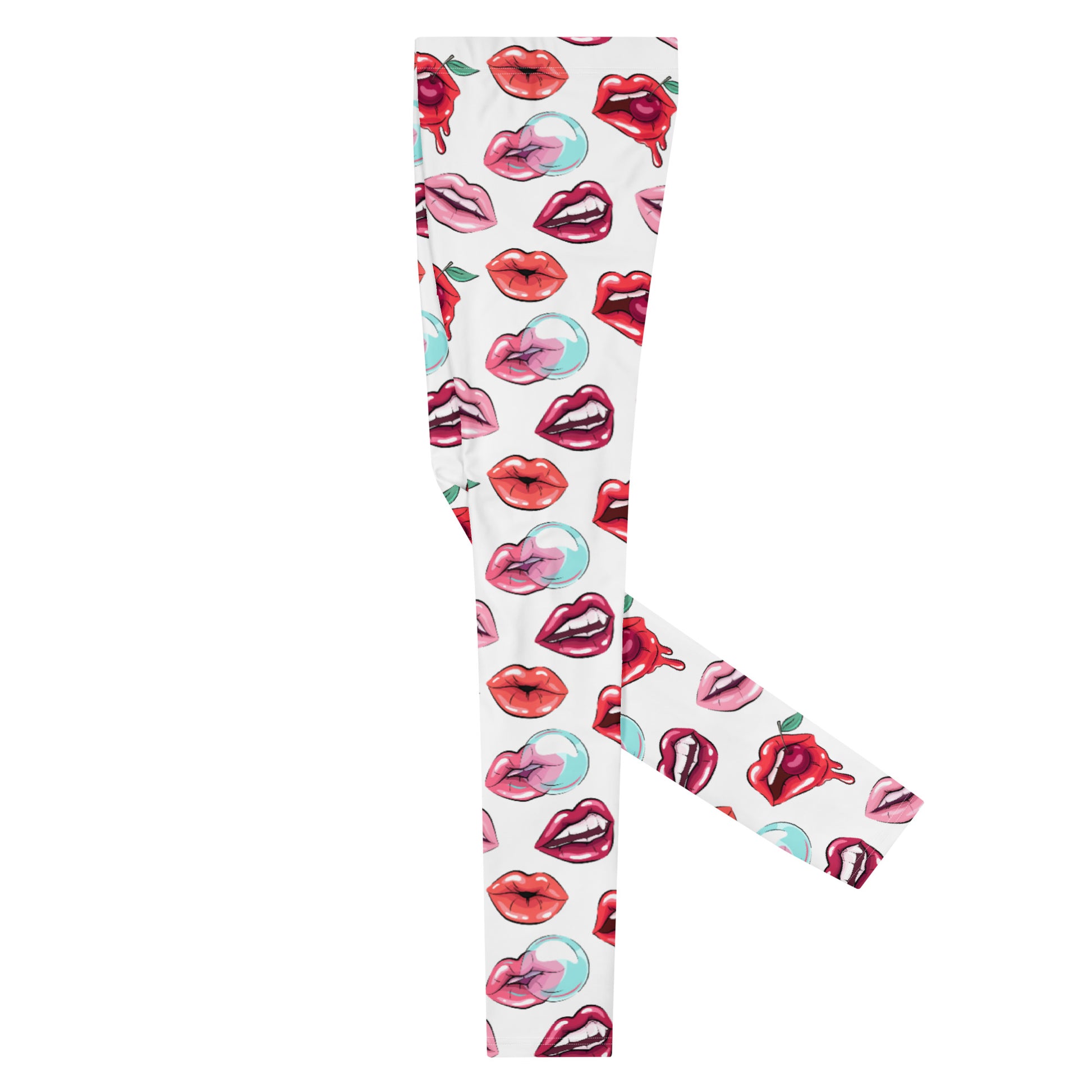 Men's all-over print leggings with white background, left-side view alternate angle.