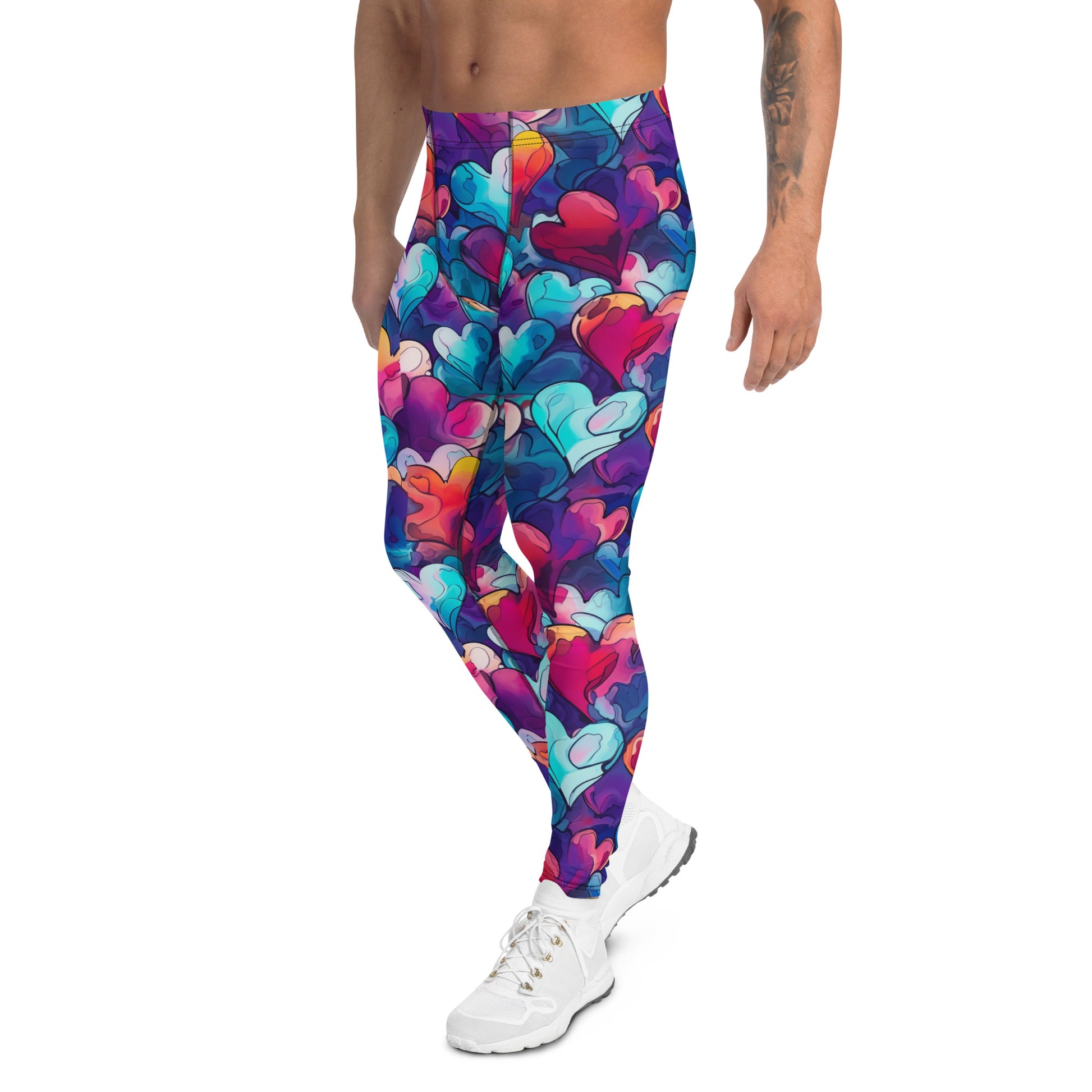 Men's all-over print leggings with white background, full-back view alternate angle.