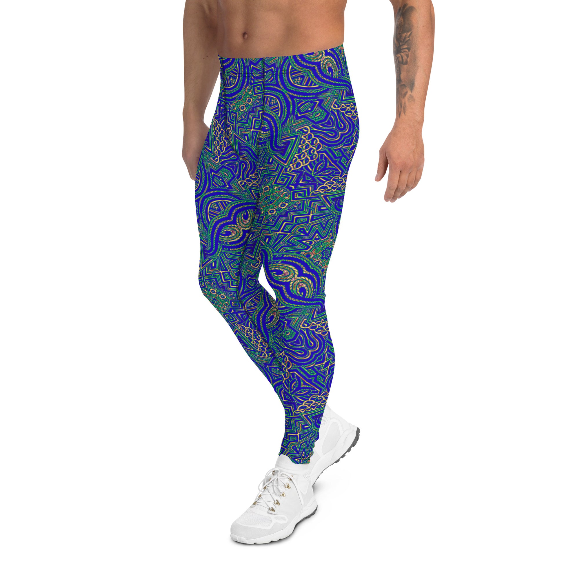 Men's all-over print leggings with white background, full-back view.