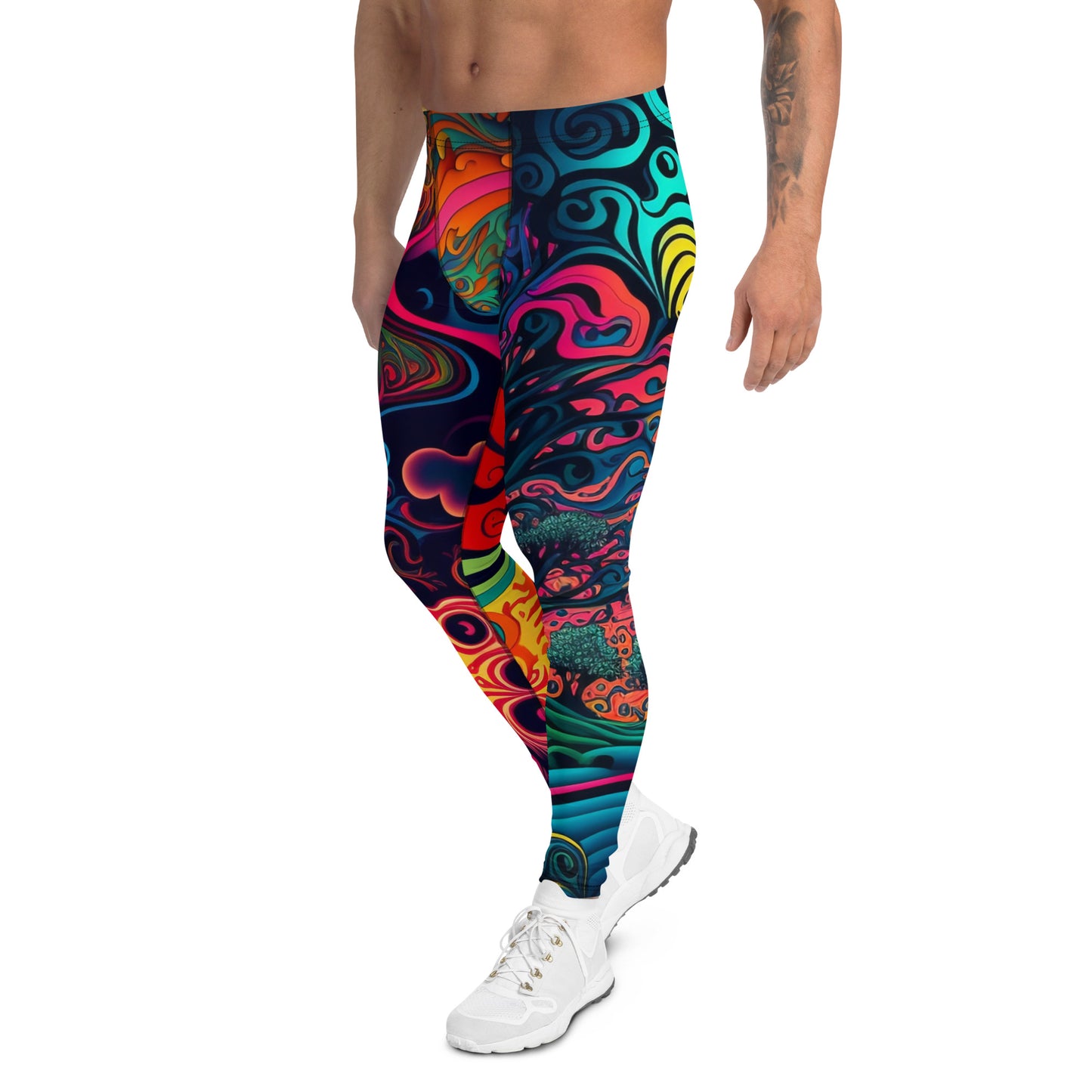 Men's all-over print leggings with white background, full-back view.