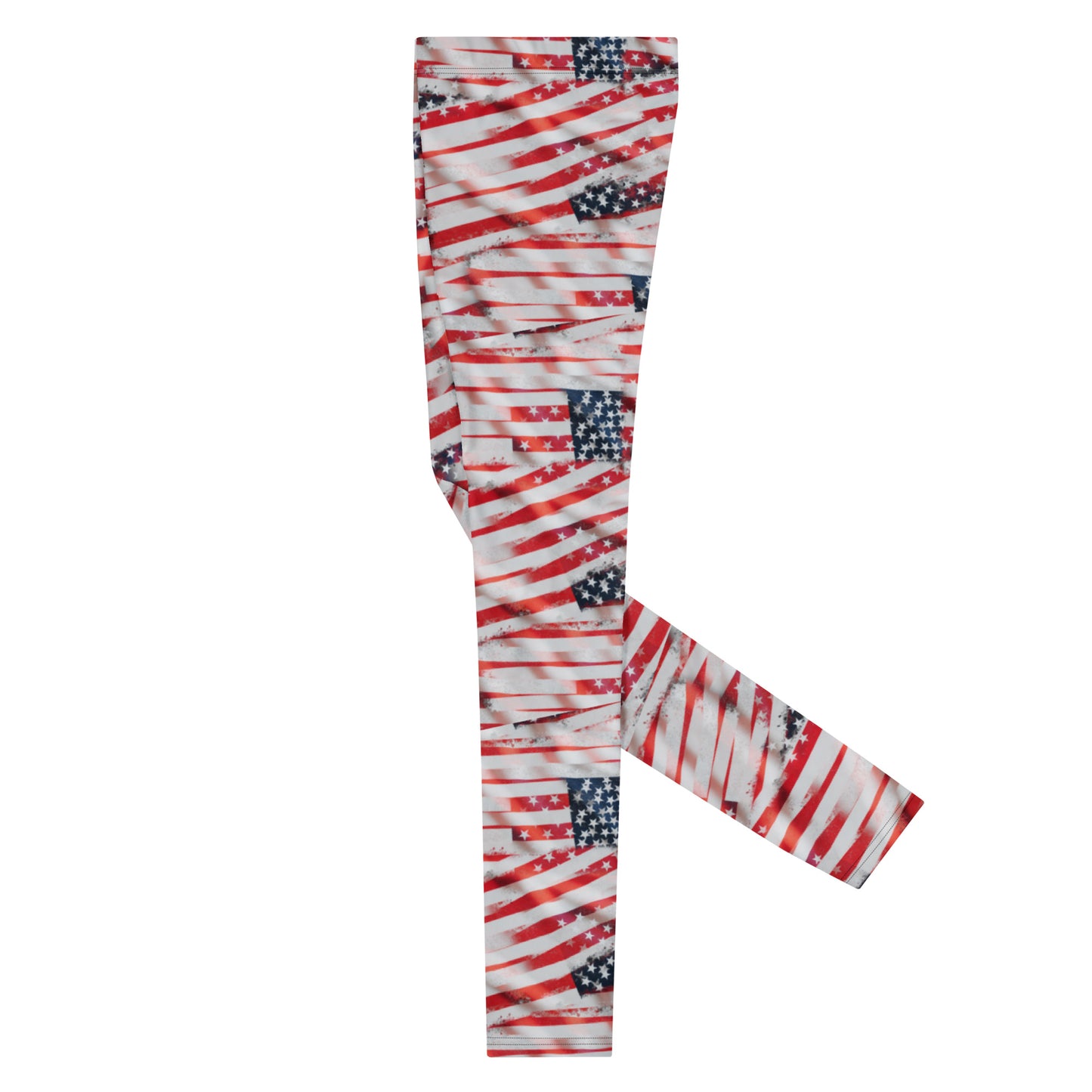 Men's all-over print leggings with white background, full-back view alternate angle.