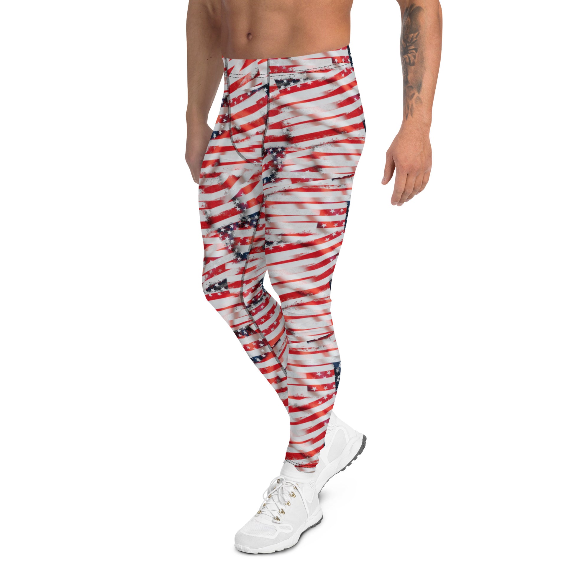 Men's all-over print leggings with white background, full-back view.