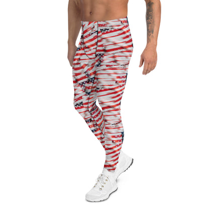 Men's all-over print leggings with white background, full-back view.