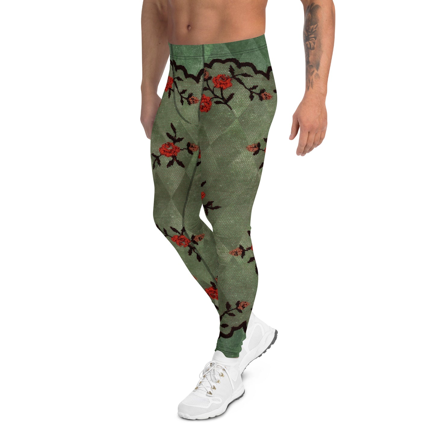 Men's all-over print leggings with white background, full-back view alternate angle.