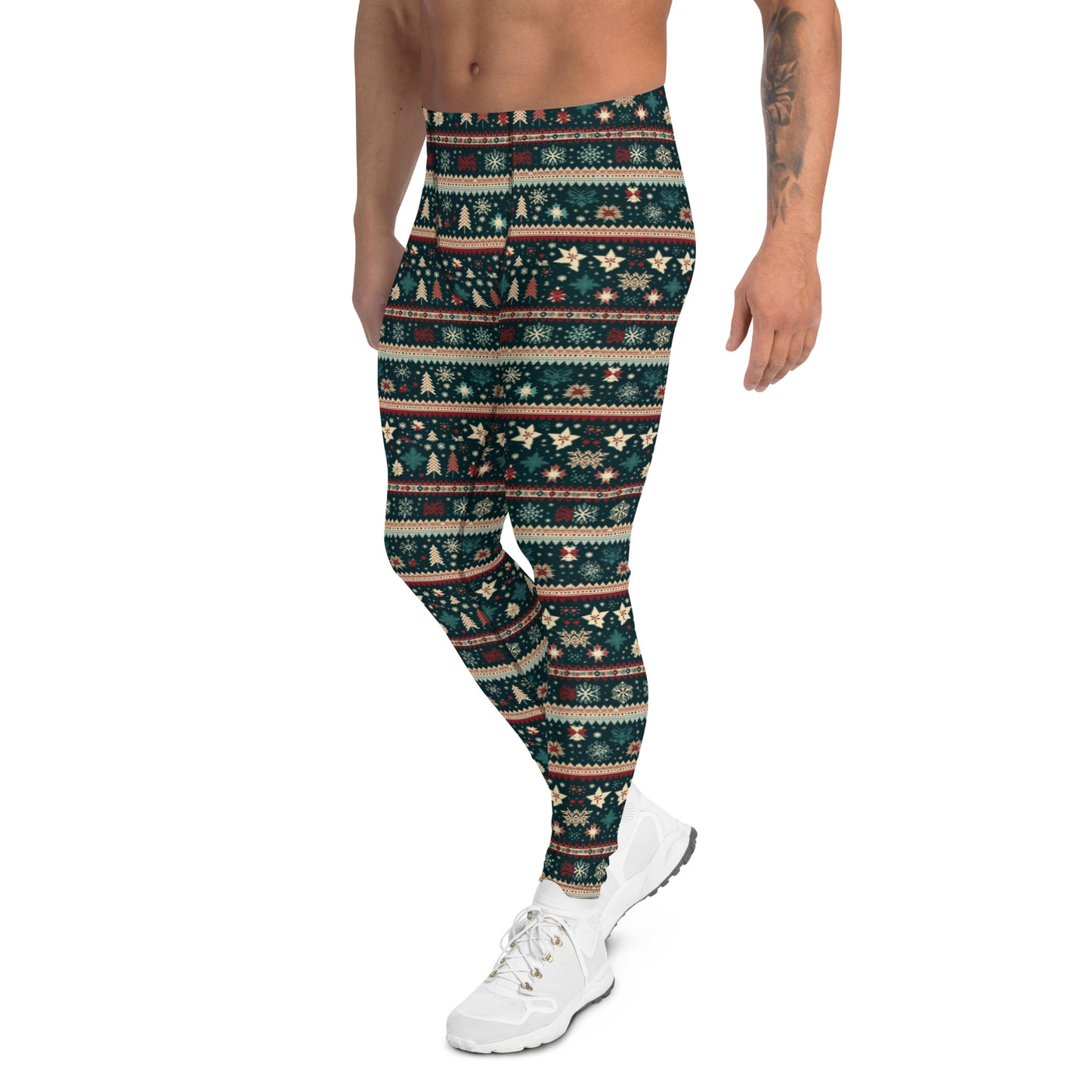 Men's all-over print leggings with white background, left-side view alternate angle.