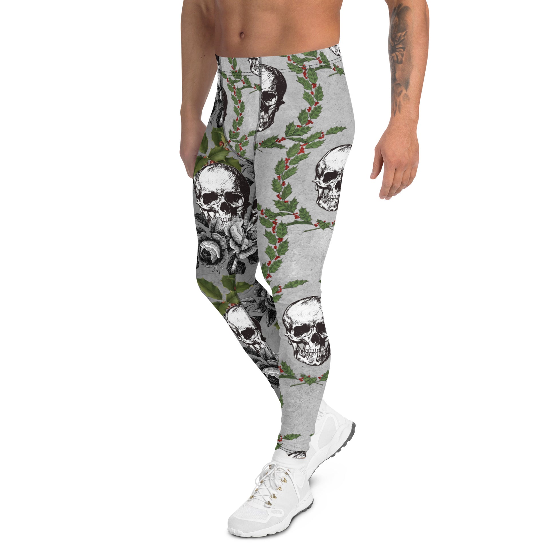 Men's all-over print leggings with white background, full-back view alternate angle.