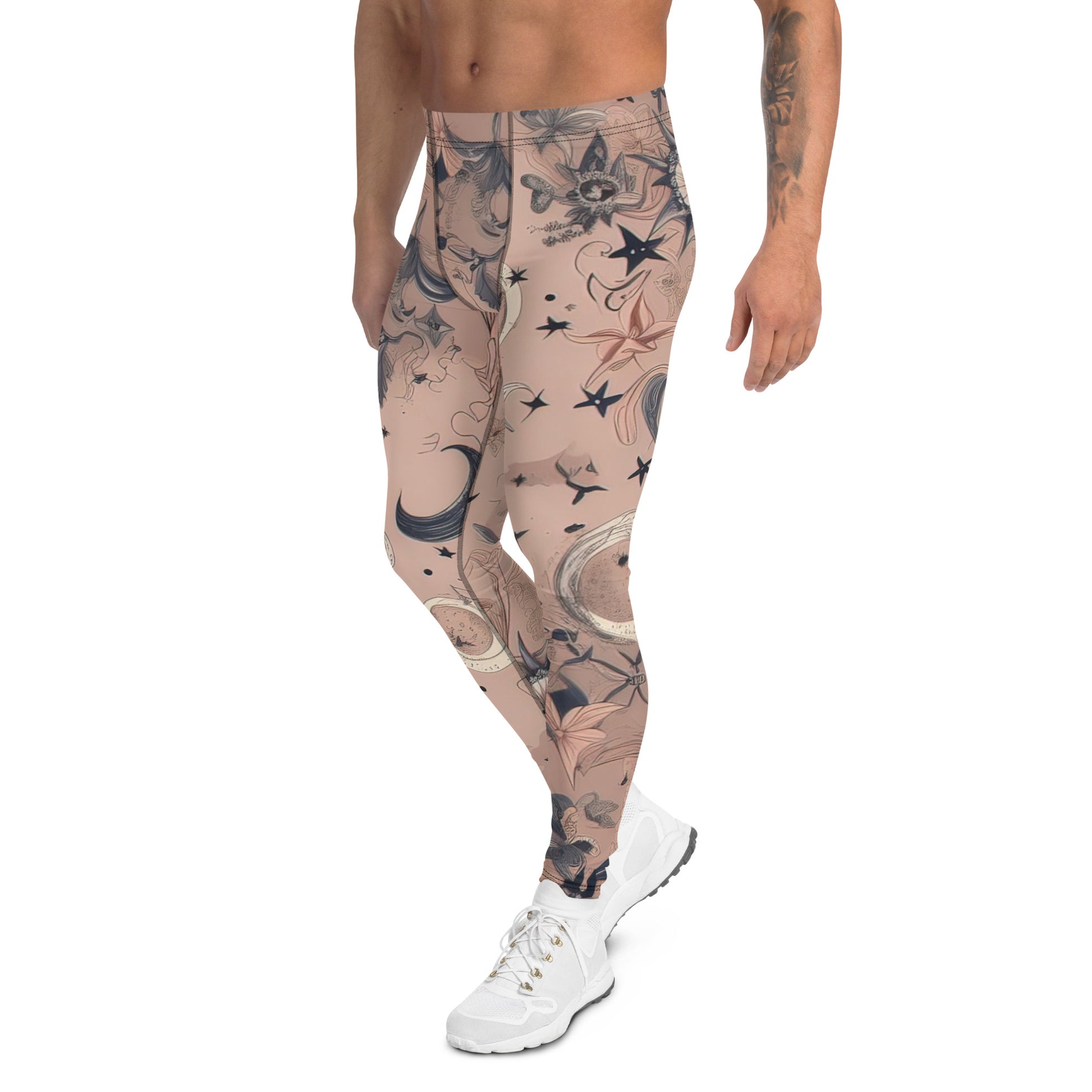 Men's all-over print leggings with white background, left-side view.