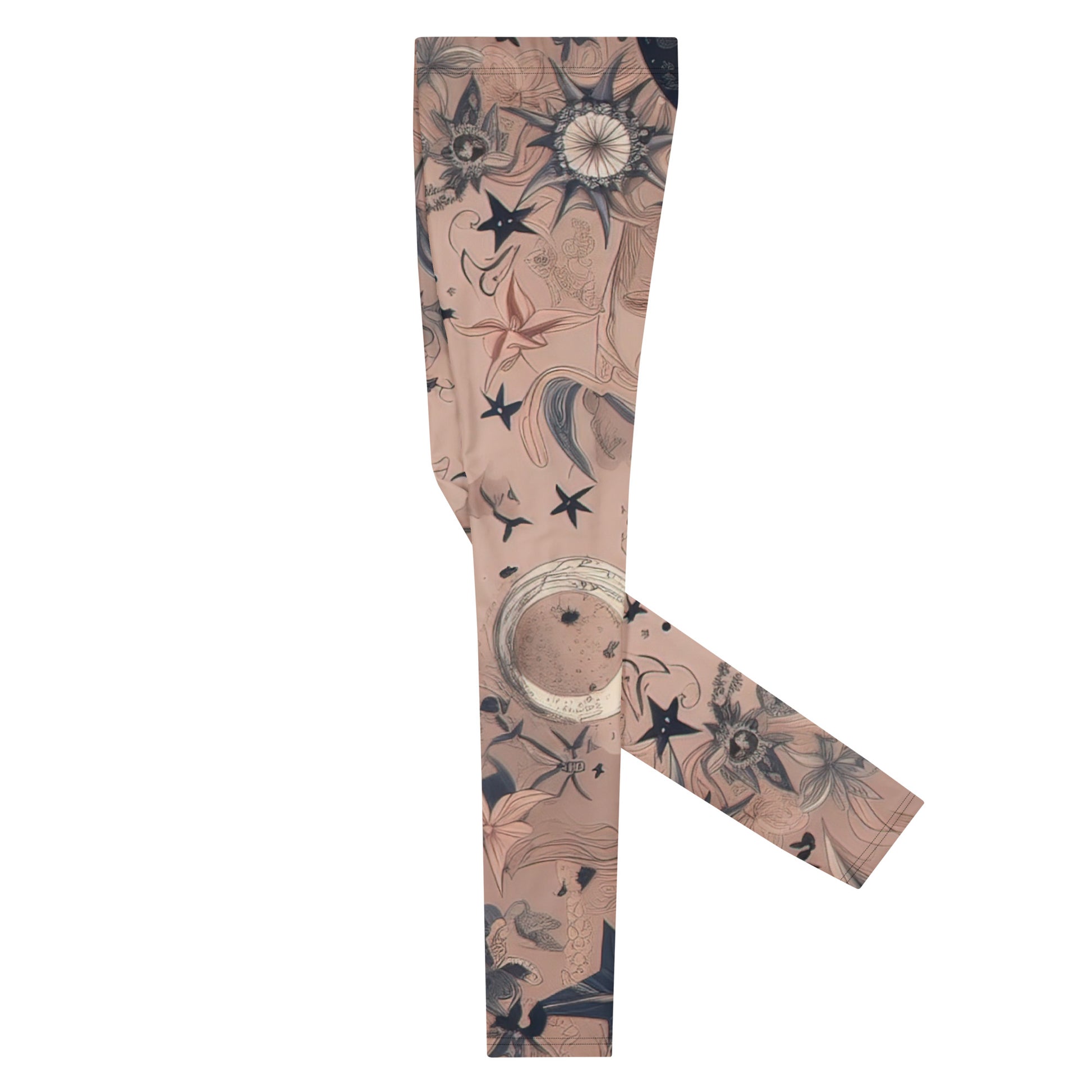 Men's all-over print leggings with white background, left-side view alternate angle.