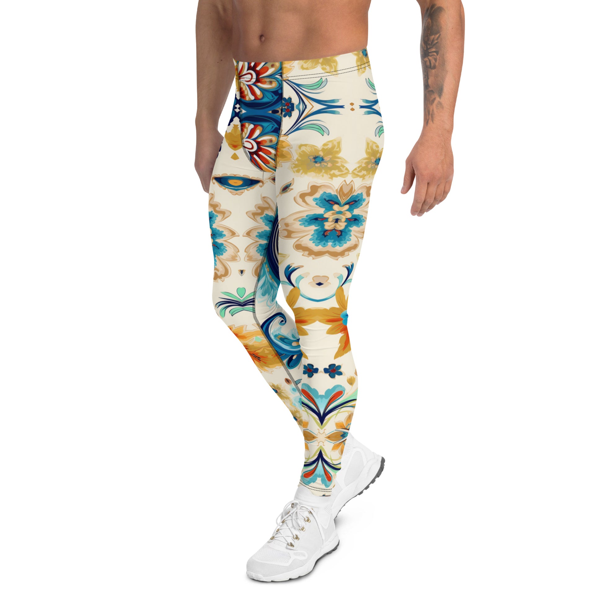 Men's all-over print leggings with white background, left-side view.