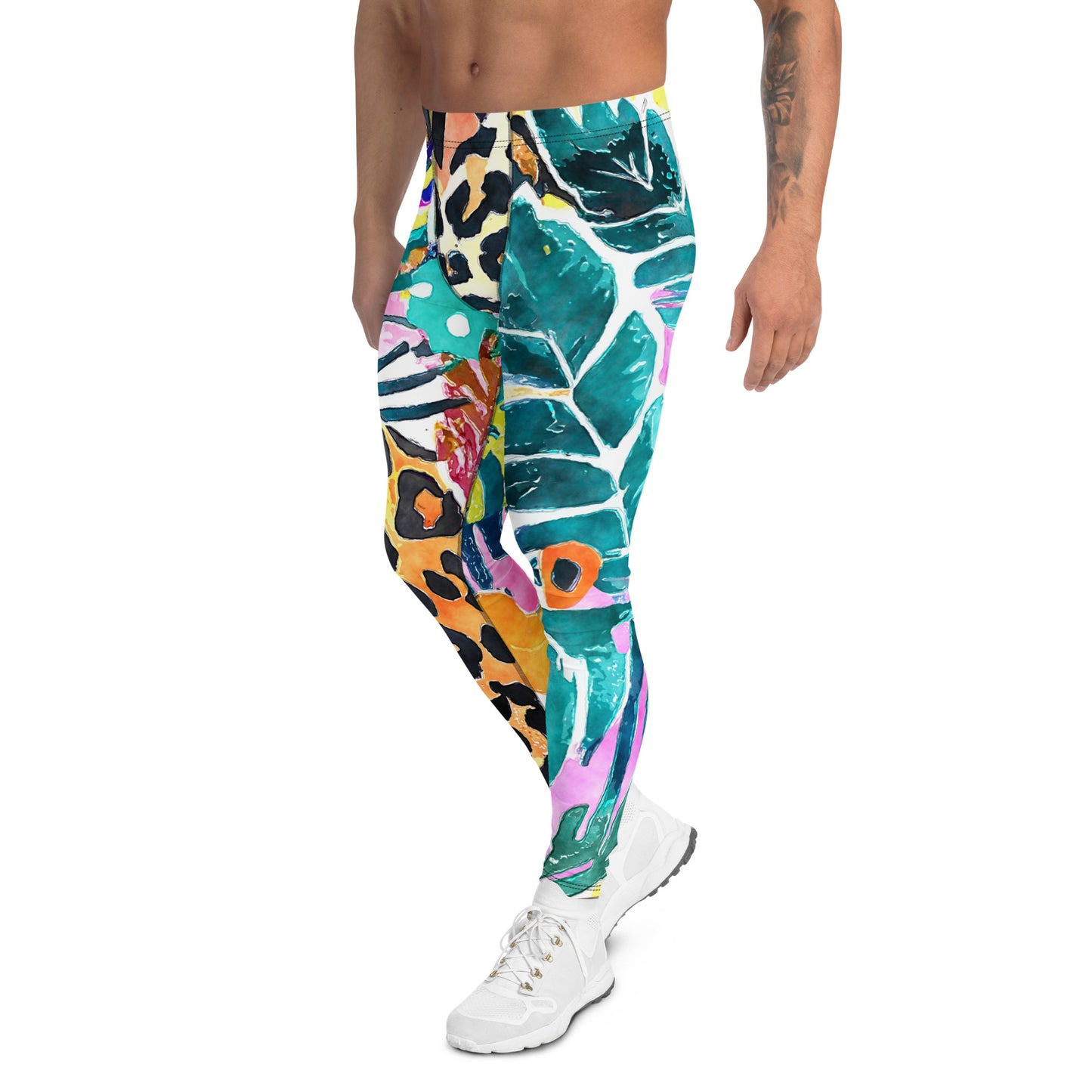 Men's all-over print leggings with white background, left-side view.