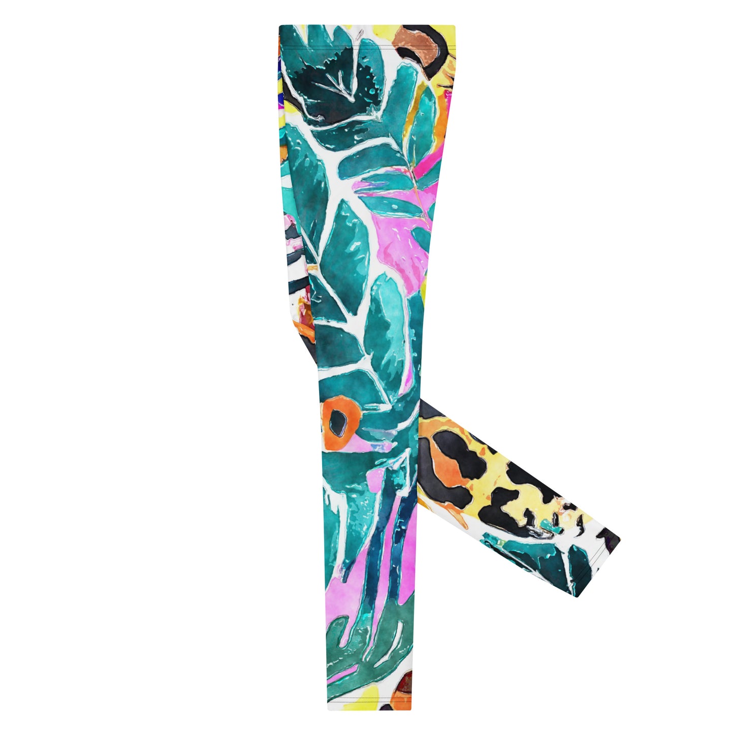 Men's all-over print leggings with white background, left-side view alternate angle.