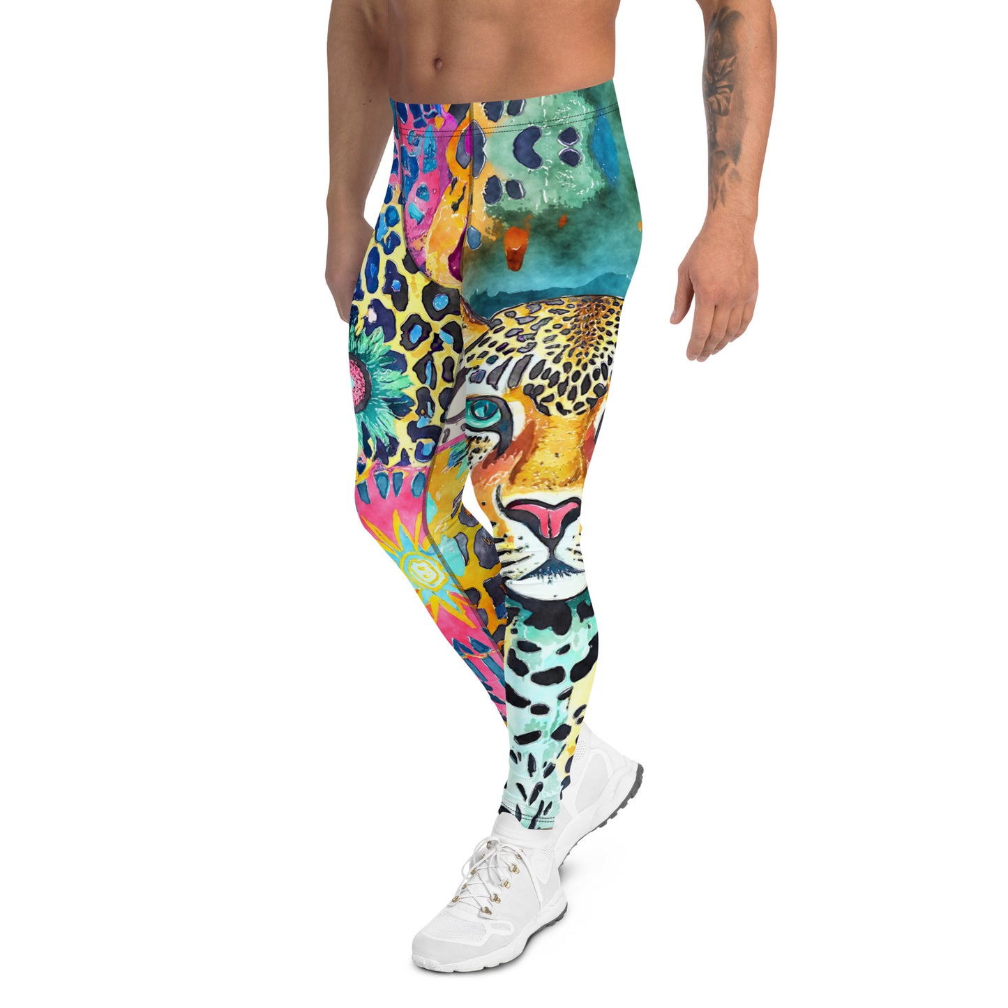 Men's all-over print leggings with white background, left-side view.