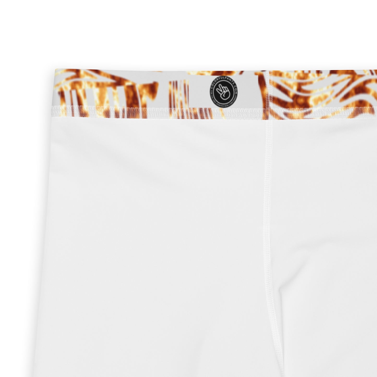 Men's all-over print leggings with white background, full-back view.