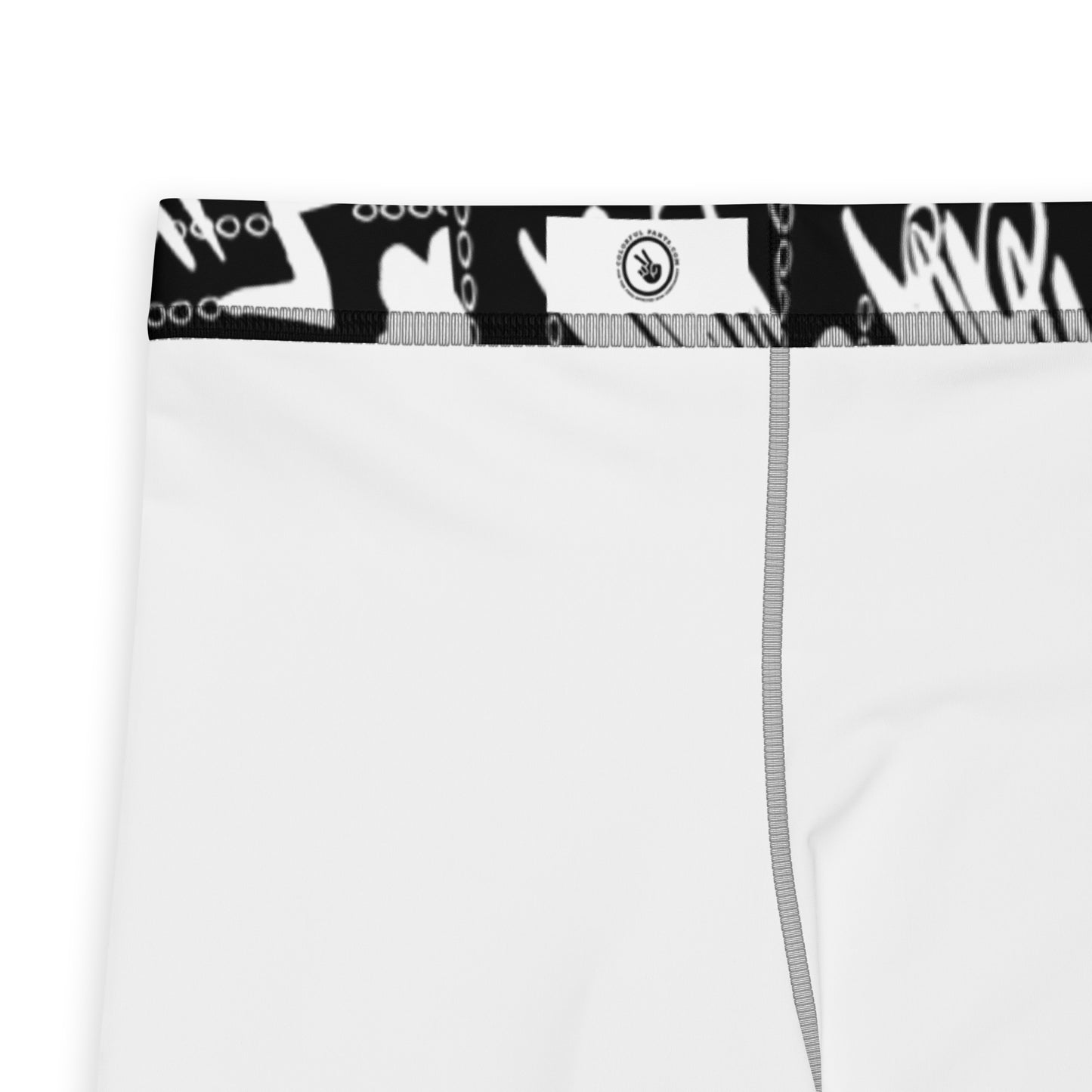 Men's all-over print leggings with white background, full-back view.