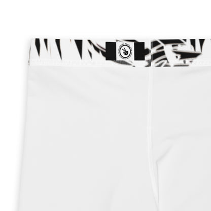 Men's all-over print leggings with white background, full-back view.