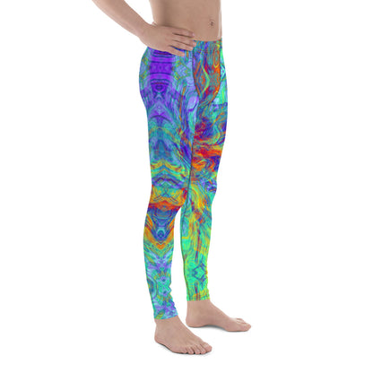 Men's all-over print leggings with white background, full-back view.