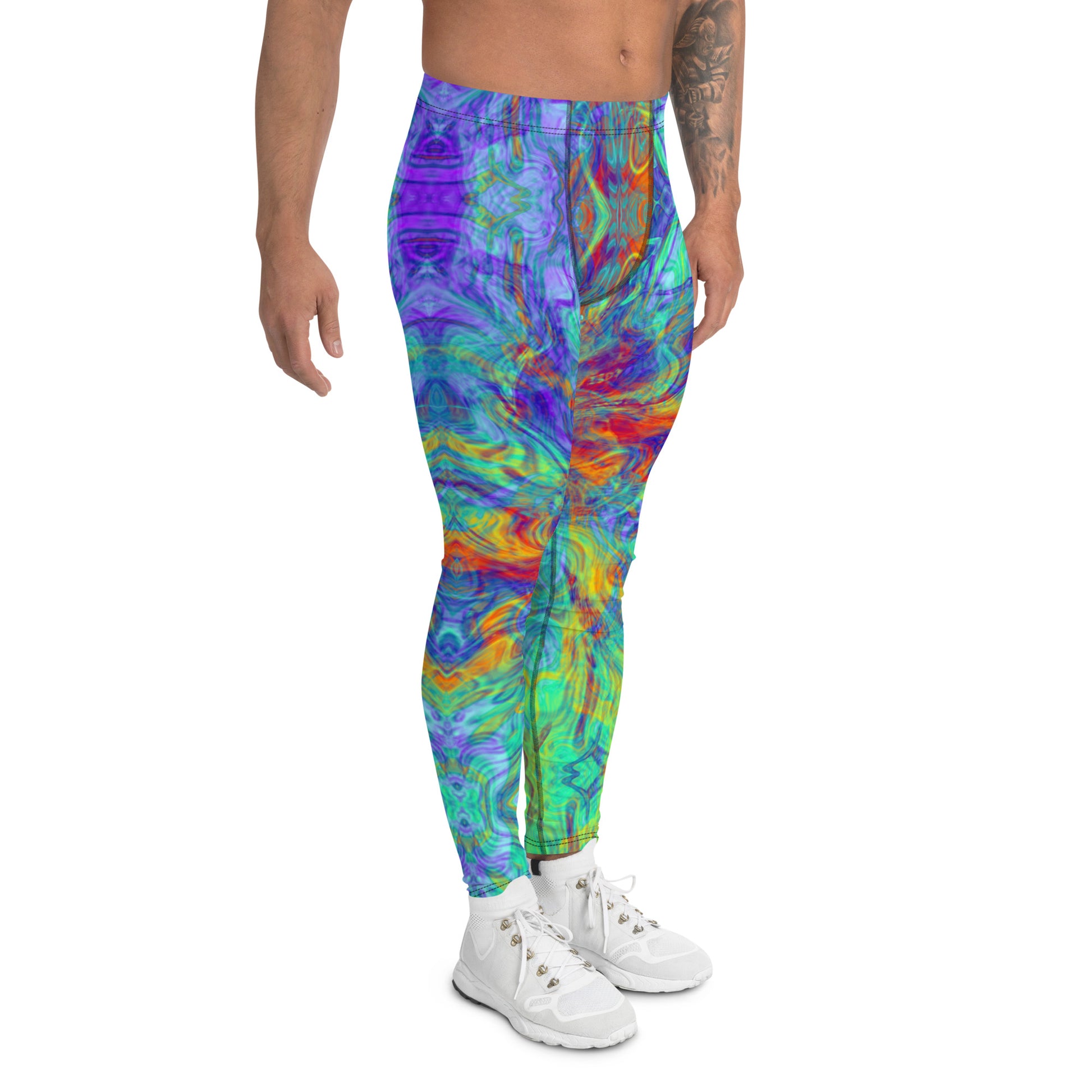 Men's all-over print leggings with white background, right-side view.