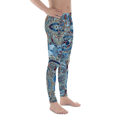 Men's all-over print leggings with white background, full-back view alternate angle.