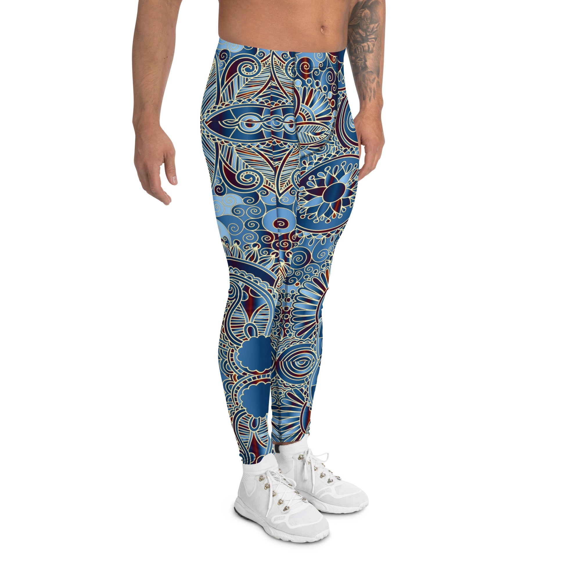 Men's all-over print leggings with white background, full-front view alternate angle.