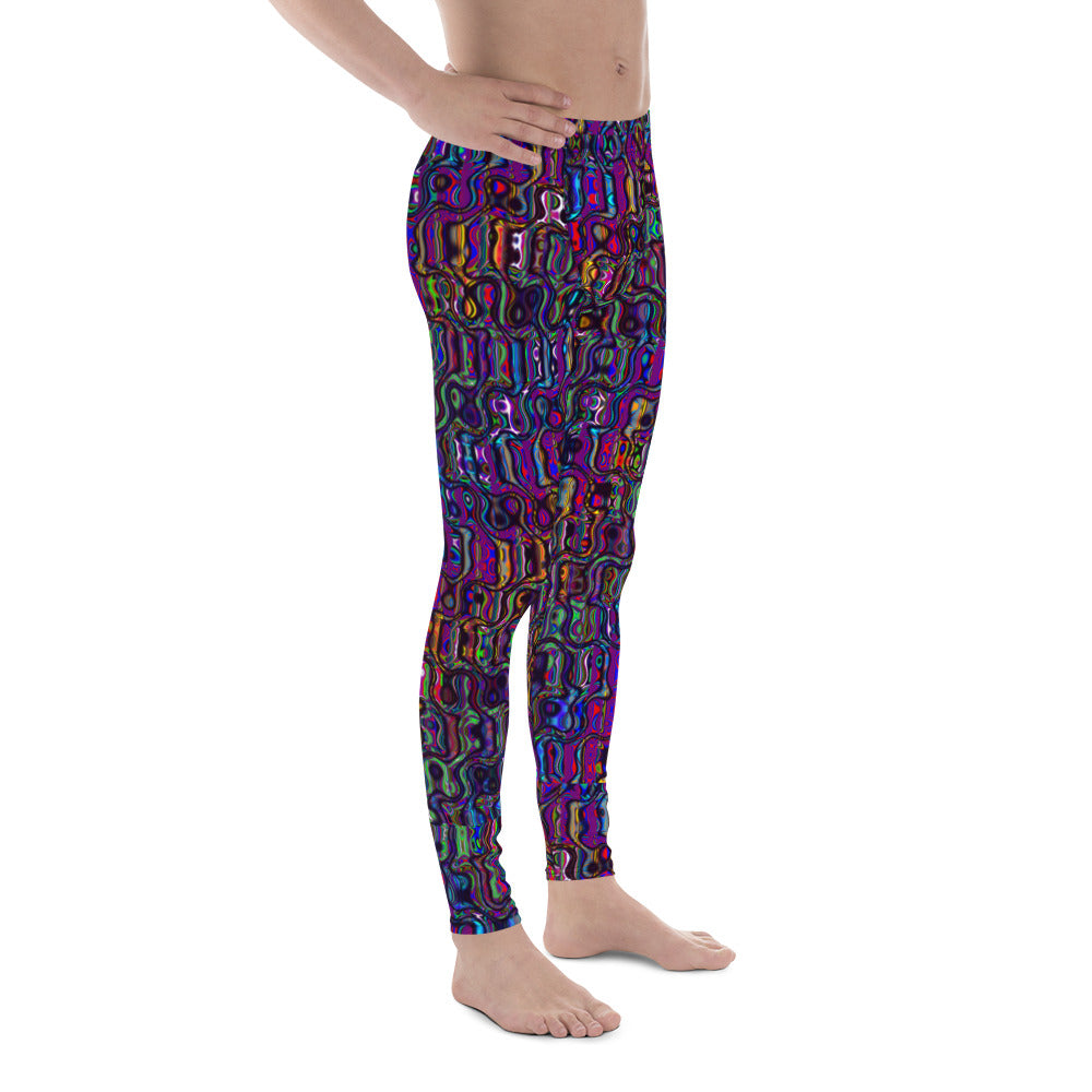 Men's all-over print leggings with white background, full-front view alternate angle.