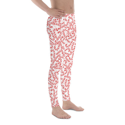 Men's all-over print leggings with white background, full-back view.