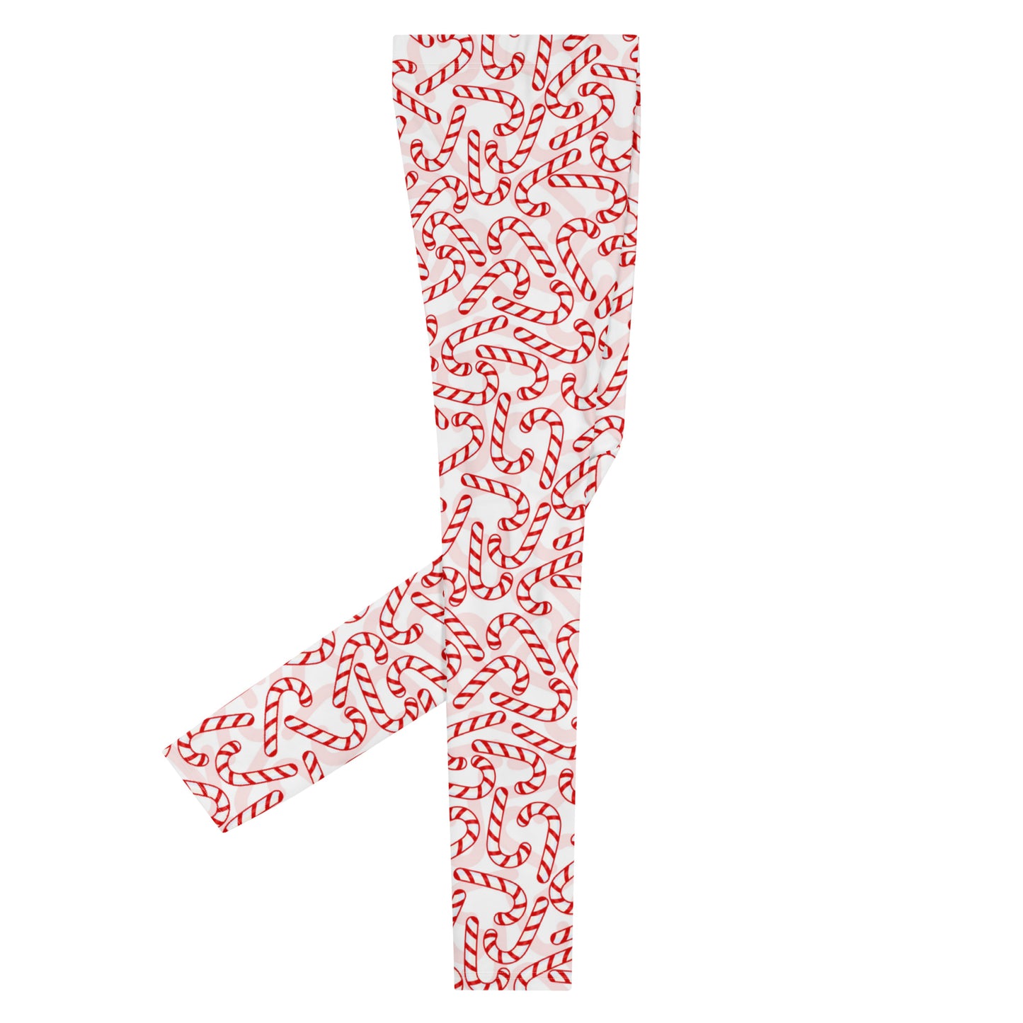 Men's all-over print leggings with white background, full-front view alternate angle.