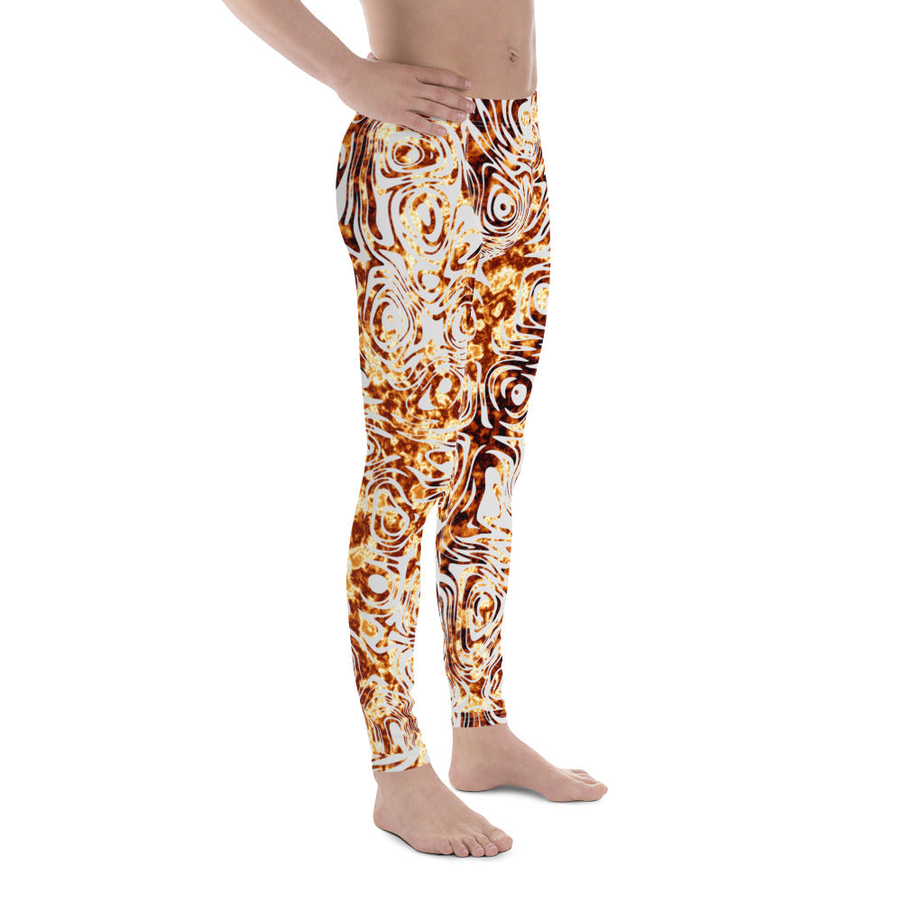 Men's all-over print leggings with white background, full-front view alternate angle.