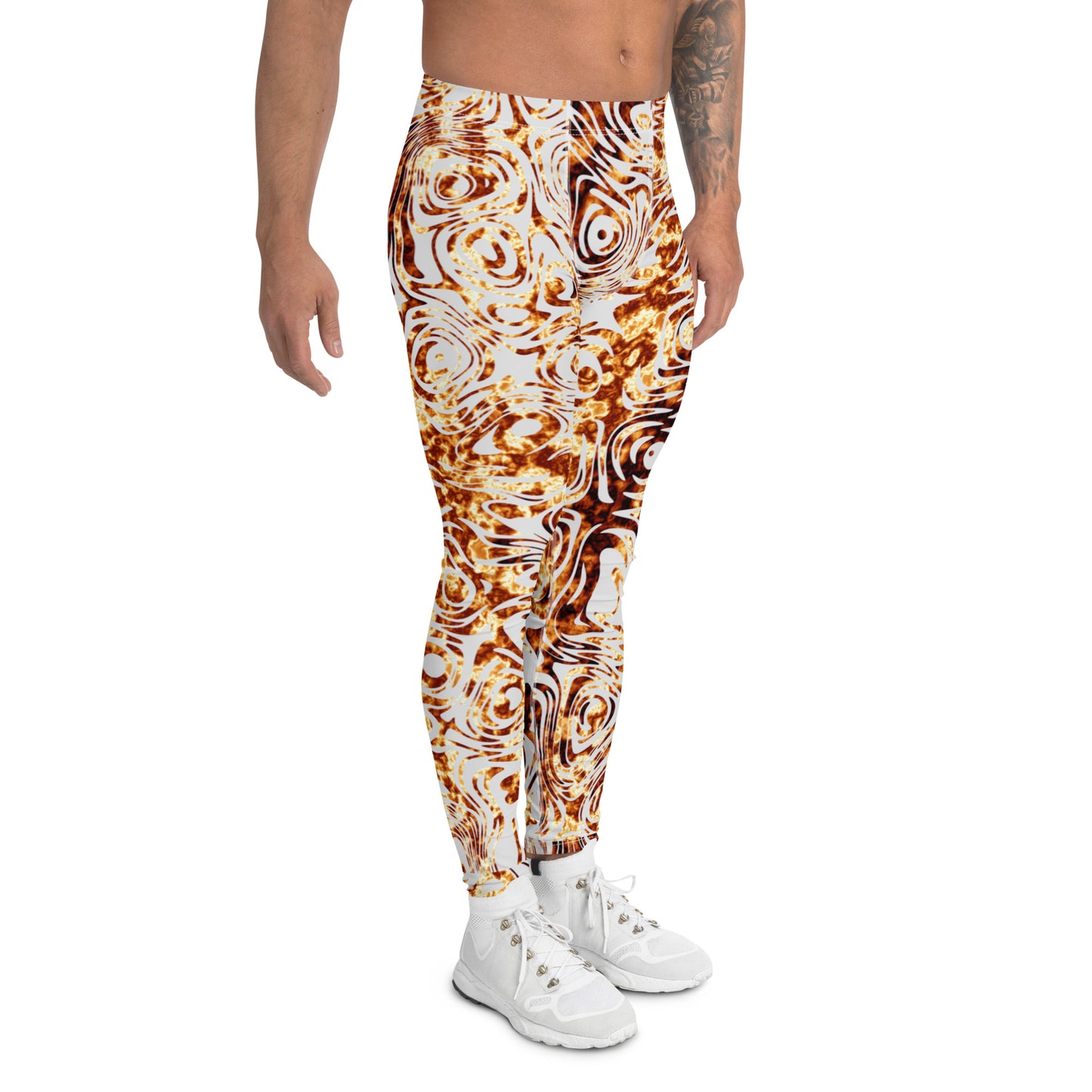 Men's all-over print leggings with white background, left-side view.