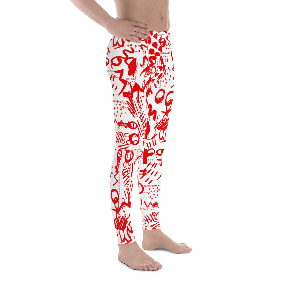 Men's all-over print leggings with white background, full-front view alternate angle.