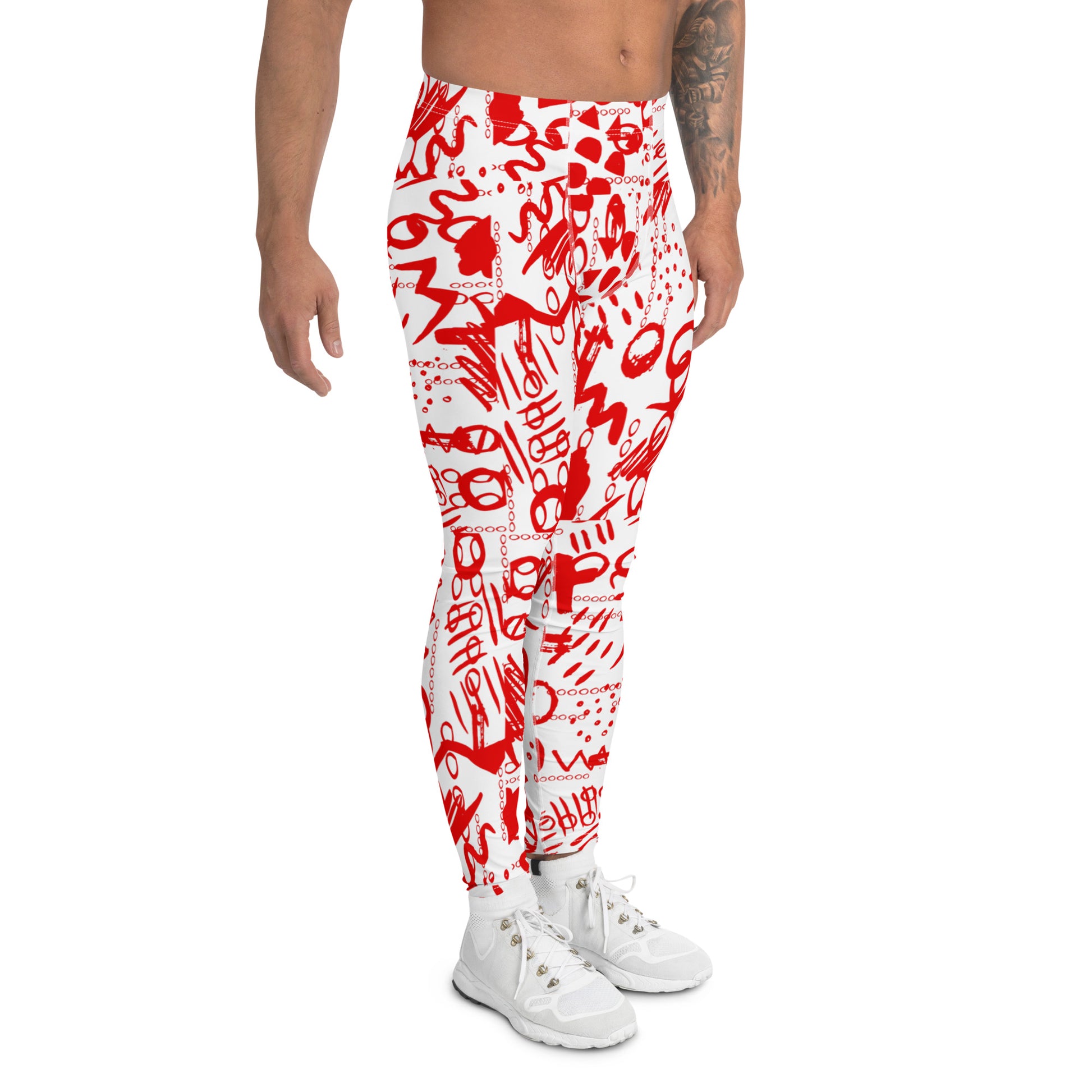 Men's all-over print leggings with white background, right-side view.