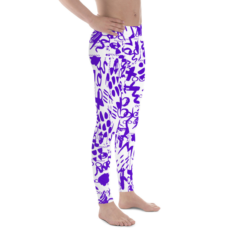 Men's all-over print leggings with white background, full-front view alternate angle.