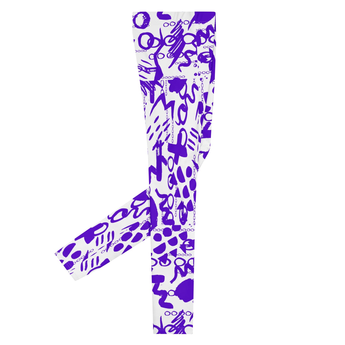 Men's all-over print leggings with white background, right-side view.