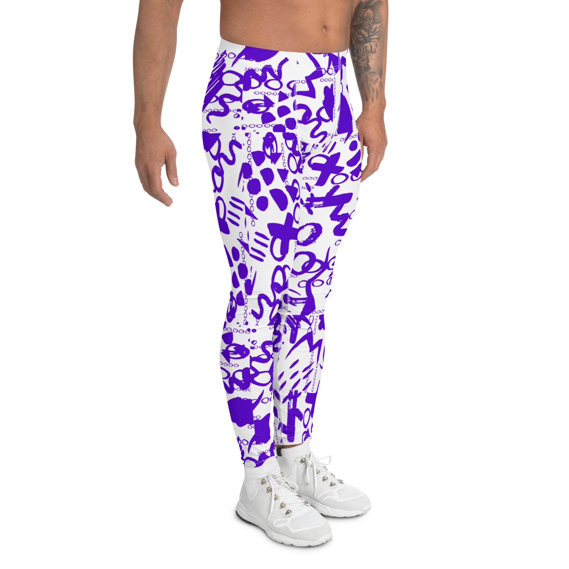 Men's all-over print leggings with white background, left-side view.