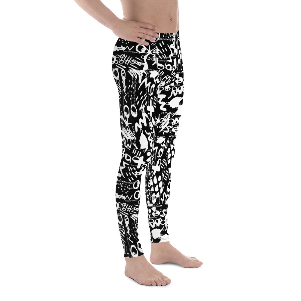 Men's all-over print leggings with white background, full-front view alternate angle.