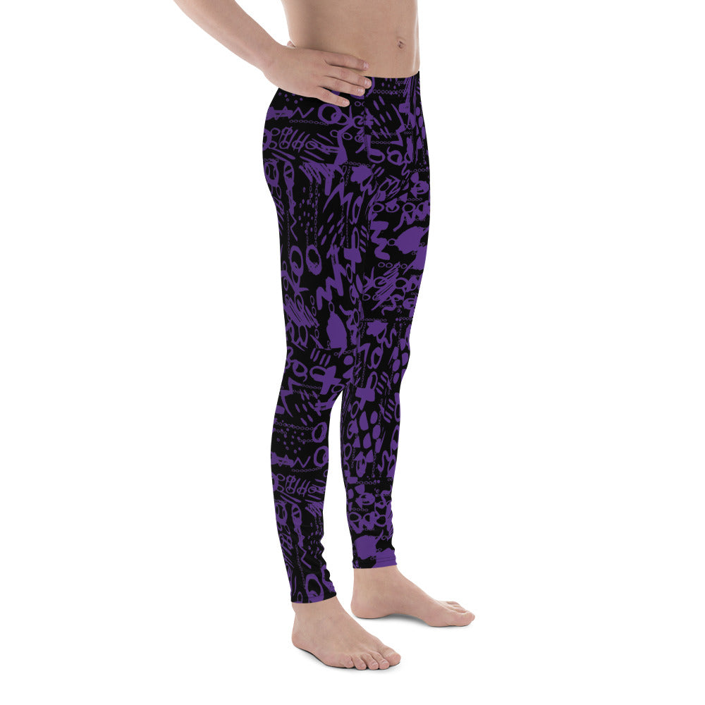 Men's all-over print leggings with white background, right-side view.