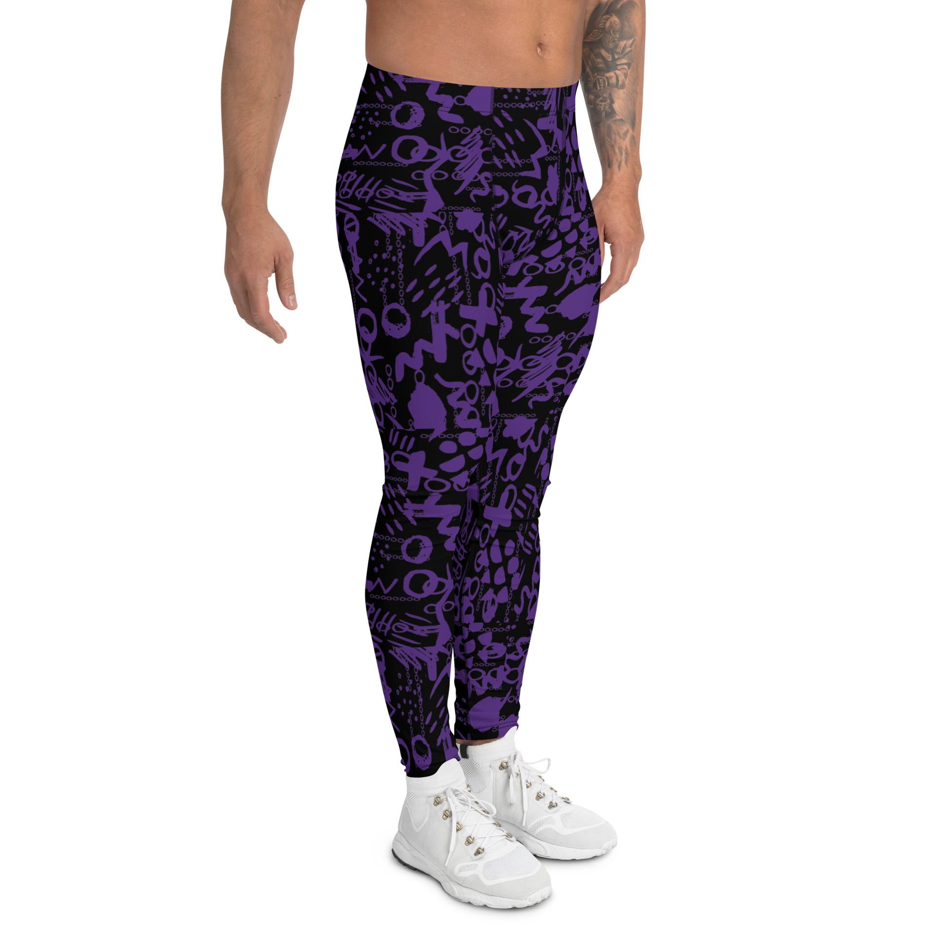 Men's all-over print leggings with white background, left-side view.