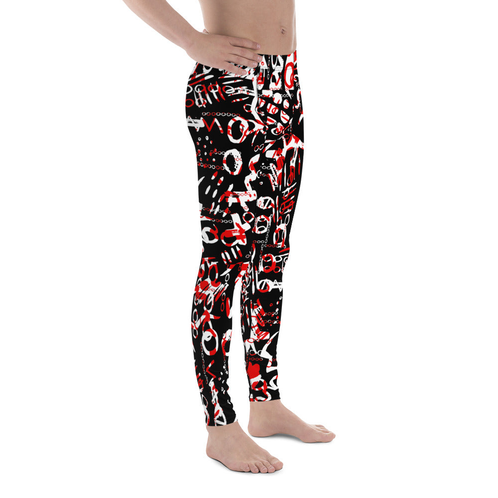 Men's all-over print leggings with white background, full-front view alternate angle.