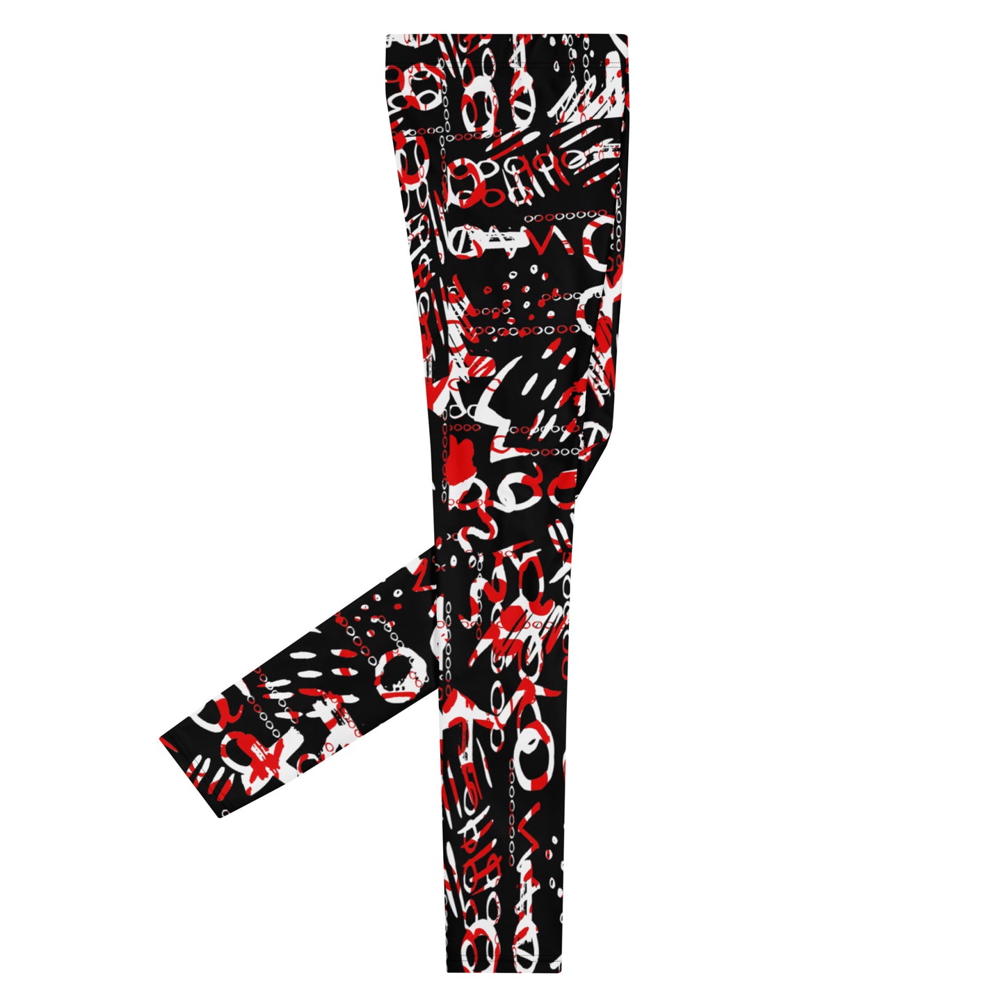 Men's all-over print leggings with white background, right-side view.