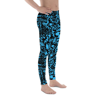 Men's all-over print leggings with white background, full-front view alternate angle.