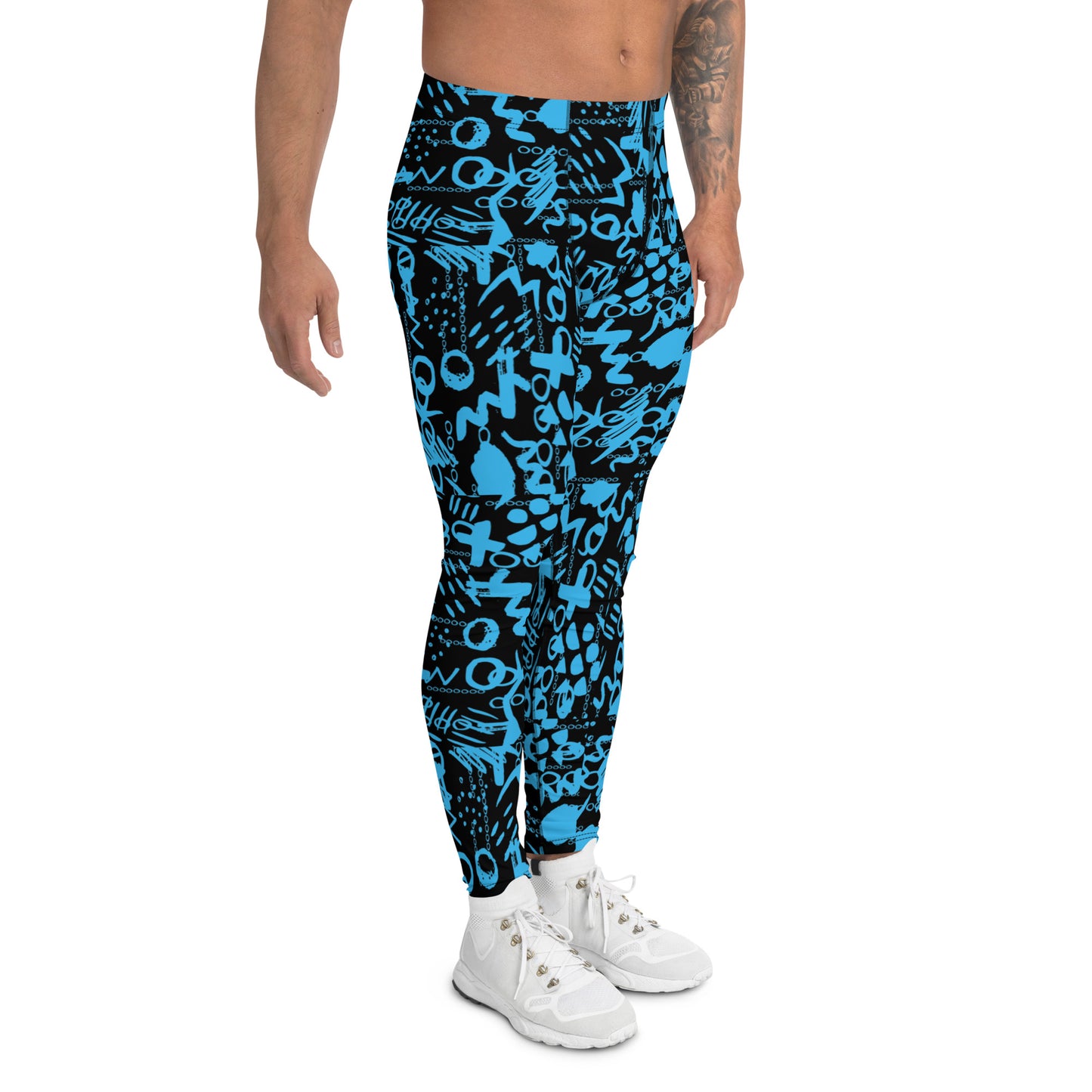 Men's all-over print leggings with white background, left-side view.