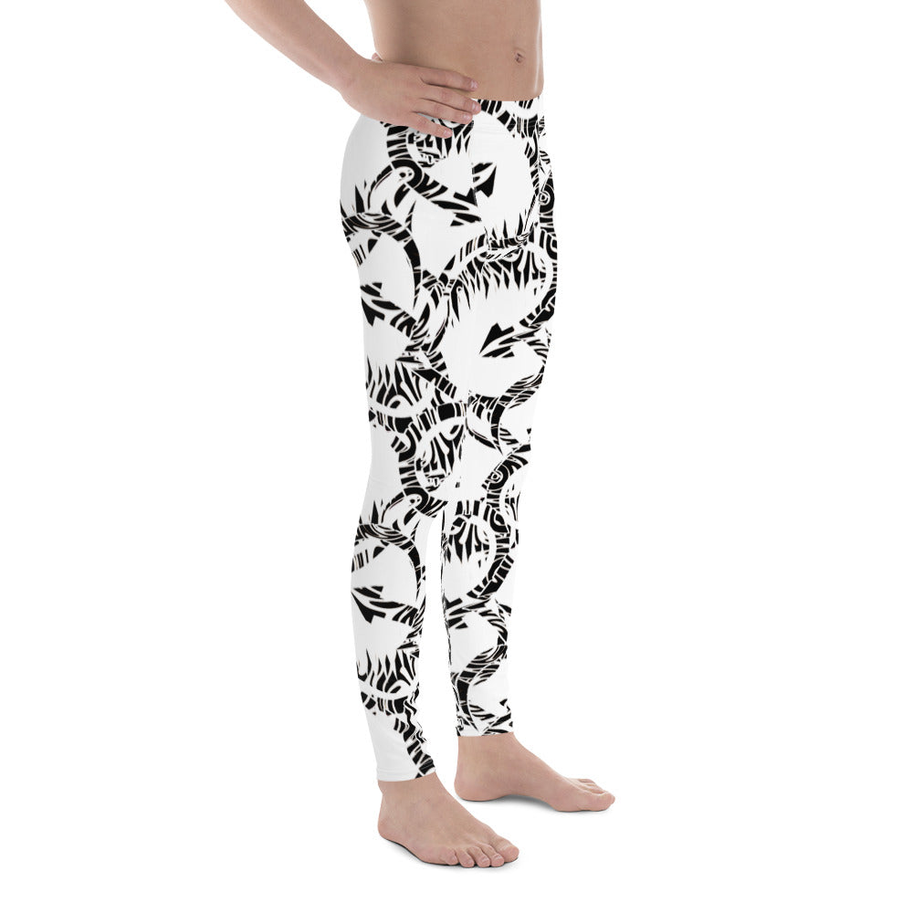 Men's all-over print leggings with white background, right-side view.