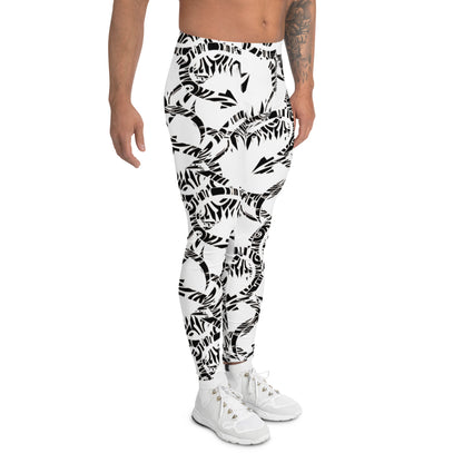 Men's all-over print leggings with white background, full-front view alternate angle.